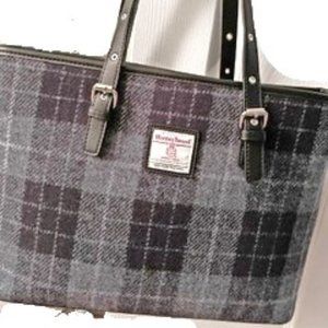 Harris Tweed Gray Plaid Tote Bag with Black Straps